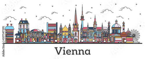 Outline Vienna Austria City Skyline with Color Buildings Isolated on White.