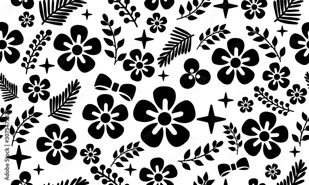 Black flower silhouette, abstract floral pattern background.