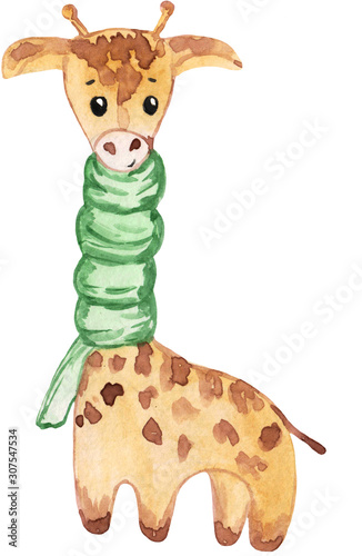 watercolor cute giraffe in a green shaf. child character congratulation card with valentine, happy birthday. photo