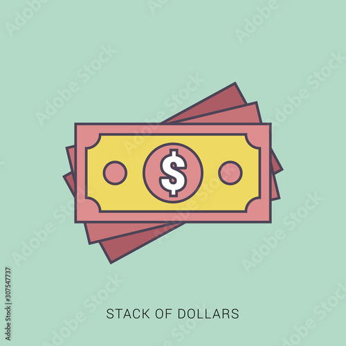 Dollar pack icon, on white background. Red and green color with outline concept.