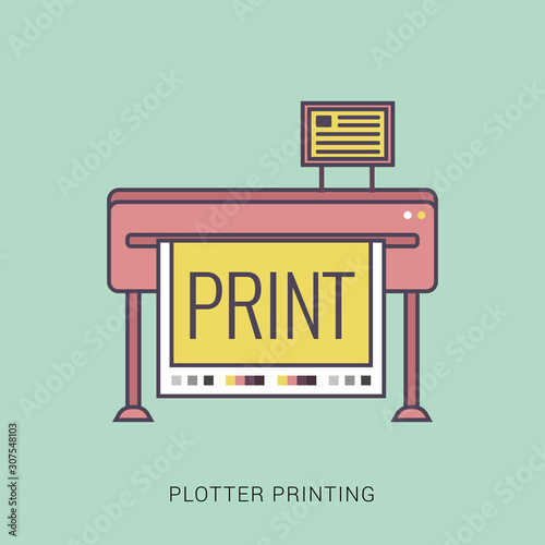 Large format full color latex printer plotter flat vector illustration. Red and green color with outline concept.