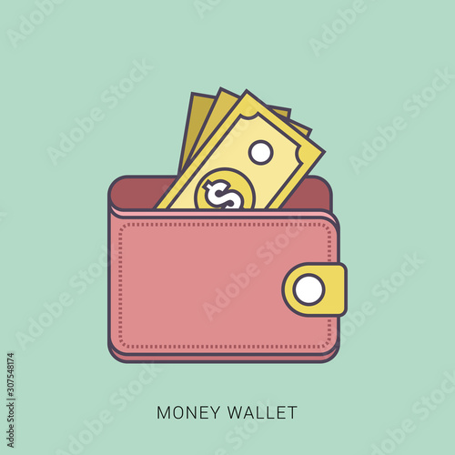 Wallet with dollar money - web icon design. Vector illustration. Red and green color with outline concept.