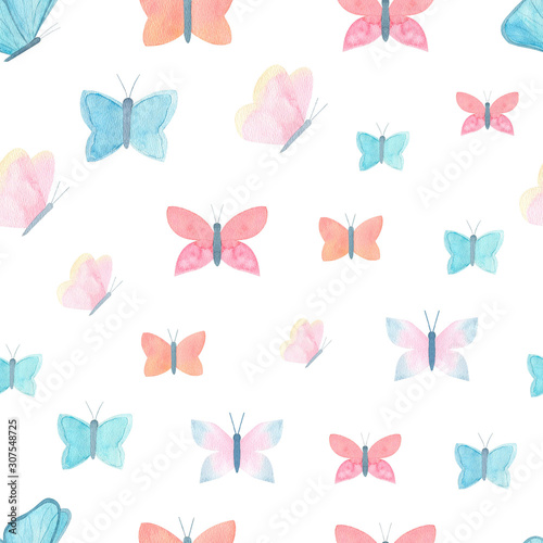 Watercolor butterfly seamless pattern for spring, summer season. Colorful butterfly design for covers, fabric, textile. Butterfly background for children's wear. © Tanya Trink