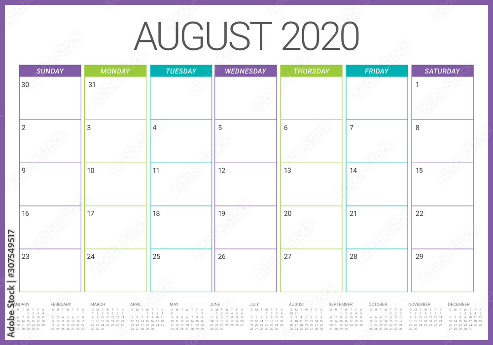 August 2020 desk calendar vector illustration - obrazy, fototapety, plakaty 