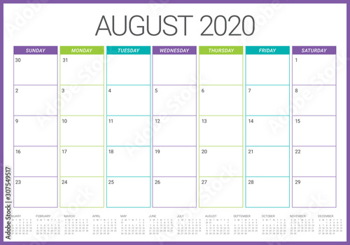 August 2020 desk calendar vector illustration