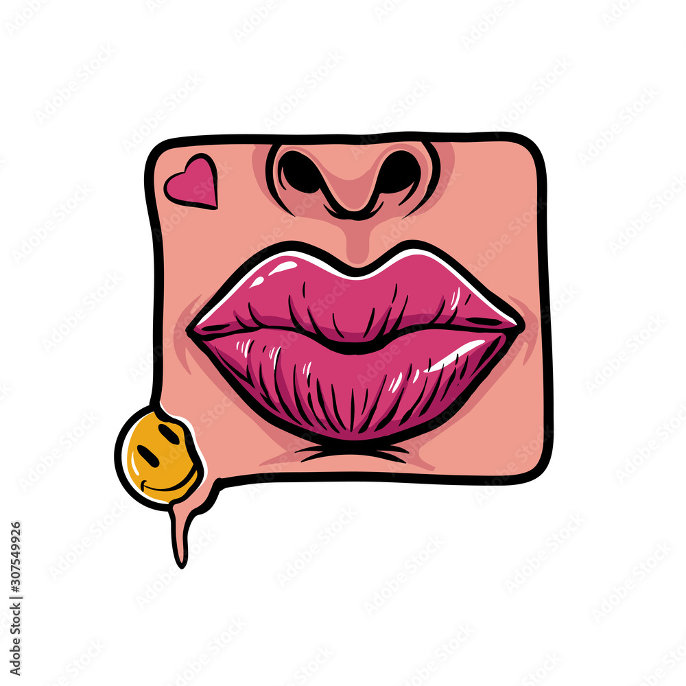 Sexy lips with smiley vector illustration. Pop art design for web landing page, stickers, tshirt design, and poster