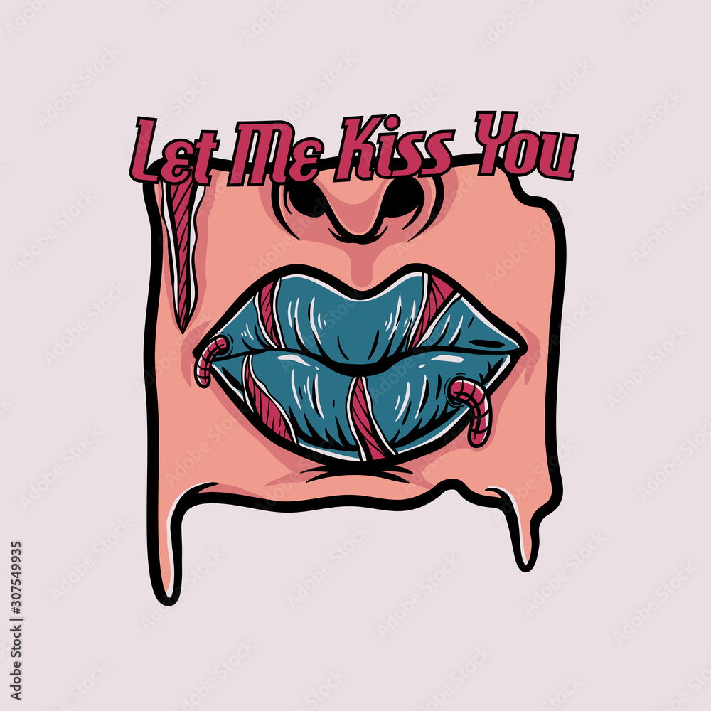 Zombie lips illustration. Blue lips with worm and full of wounds. Let