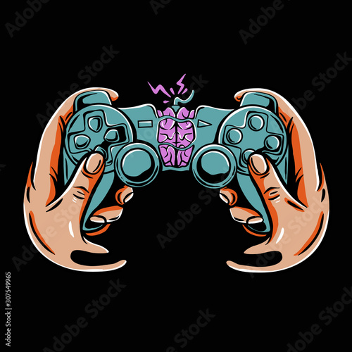 Game controller with brain inside vector illustration. Gamepad joystick for playstation with melted hands in pop art style. Zombie Gaming tshirt design. Illustration for stickers, or poster