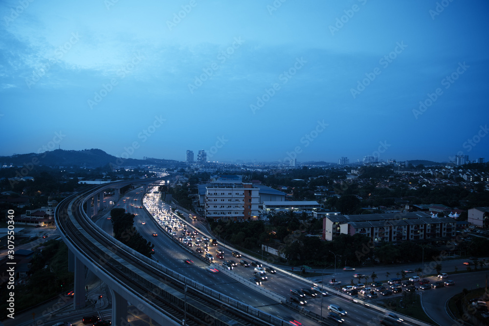 Aerial view of traffic jam at toll on expressway in sunrise. Aerial view of traffic jam at toll on expressway in sunrise.
