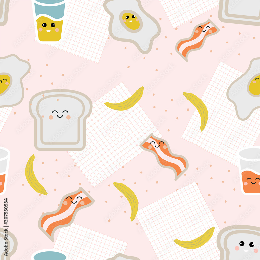 Kawaii seamless pattern with cute breakfast. Background with products, egg, bacon, bread, a glass of juice, banana. A sheet of paper in a cage for a recipe. Delicate colors, smiles, vibrant ingredient