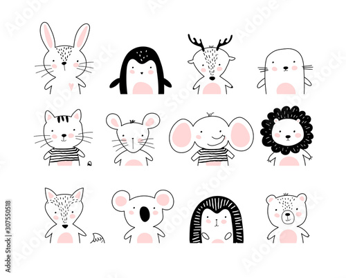 Poster with cute animal portraits for a card, baby shower, sticker for a children s bedroom. Doodle illustration Rabbit, penguin, deer, cat, elephant, lion, koala, bear, hedgehog, wolf, fox. vector