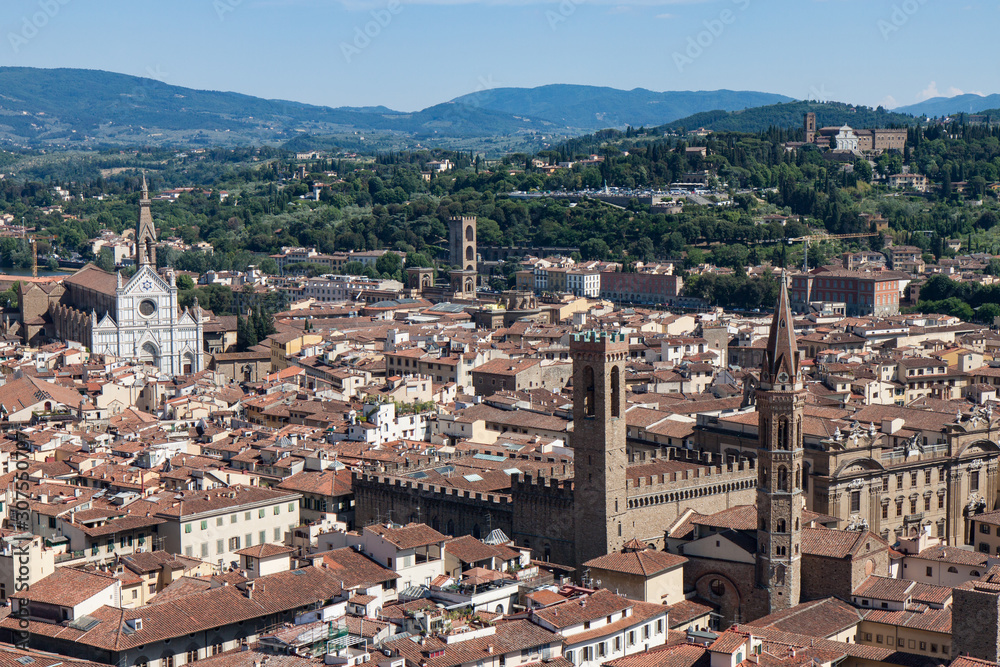 The Bargello (Palazzo del Bargello) and the Badia Fiorentina with the Basilica of Santa Croce in Florence