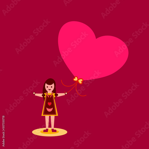 Cartoon girl with pink heart shaped balloon and red background.greeting card for valentine day.