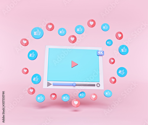 Social media network concept. minimal 4k video player with like and hearts isolated on pastel background. 3d rendering