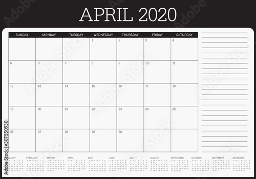 April 2020 desk calendar vector illustration