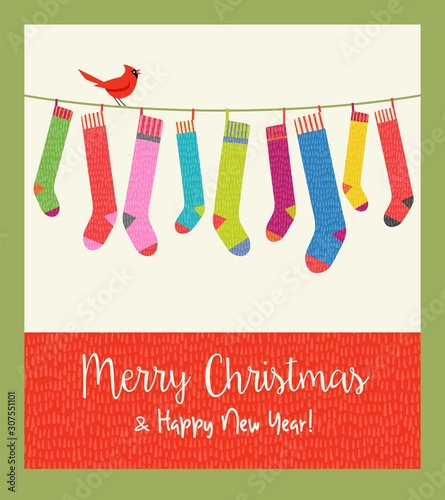 Cute holiday card with string of colorful patterned Christmas stockings. Merry Christmas and Happy New Year. Vector illustration.