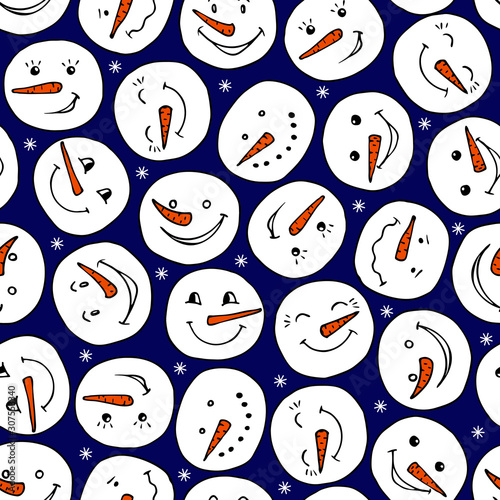 Cute cartoon seamless pattern background with snowman heads and snowflakes. Christmas design.