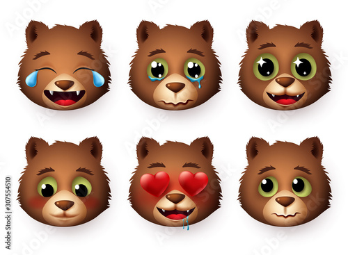 Emojis panda vector set. Pandas emoticon and emoji animal faces in different expressions with in love, crying, shy, scared, excites and laughing isolated in white background. Vector illustration. 