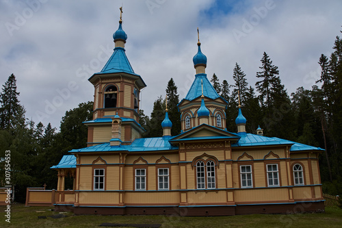 The bell tower of an Orthodox church.The bell tower of an Orthodox church on the island of Valaam. Nearby is the Christian Cathedral. Russia, Karelia