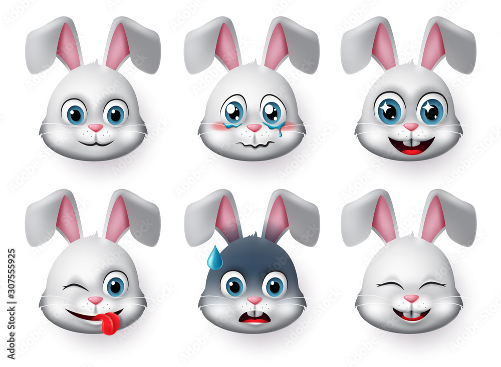 Emoticons and emoji rabbit face vector set. Rabbits bunny faces animal emojis in naughty, crying, excited, smiling and happy facial expressions isolated in white background. Vector illustration. Emoticons and emoji rabbit face vector set. Rabbits bunny faces animal emojis in naughty, crying, excited, smiling and happy facial expressions isolated in white background. Vector illustration.