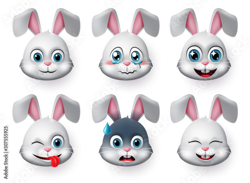 Emoticons and emoji rabbit face vector set. Rabbits bunny faces animal emojis in naughty, crying, excited, smiling and happy facial expressions isolated in white background. Vector illustration.