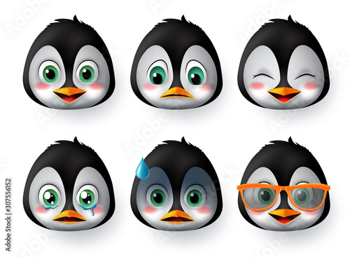 Penguins emoji or emoticon face vector set. Penguin emoji animal face wearing sunglasses with happy, scared, crying, and sad emotions for avatar and character  collection isolated in white background.