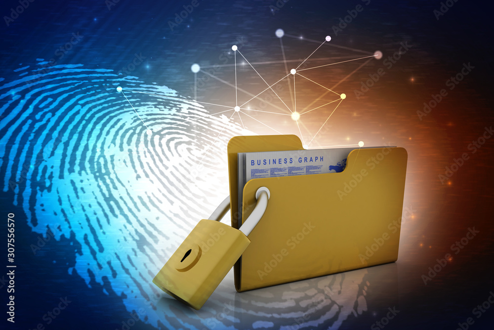 Yellow folder and lock. Data security concept. 3D rendering Yellow folder and lock. Data security concept. 3D rendering