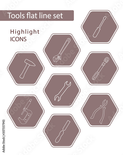 Set of 8 vector icons in brawn hexagon for web stores, scrapbooking, bullet journals, blogging, etc. Highlights Stories Icons. Simple tools related vector icons.