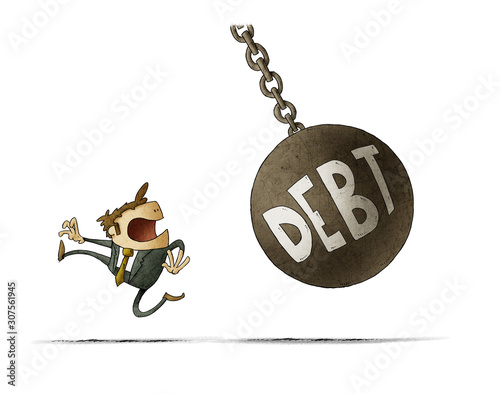 Businessman runs because a big ball with the word debt is going to hit him. isolated