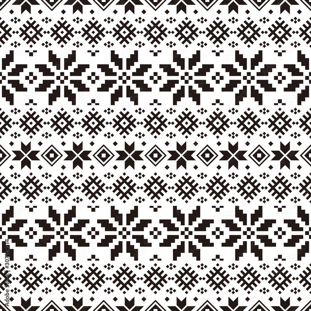 Geometric Christmas Ethnic pattern on white background. Ornament. Border. Seamless sample. It can be used as a background. Vector illustration