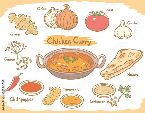 Vegetables, Indian spices for chicken curry isolated on white.