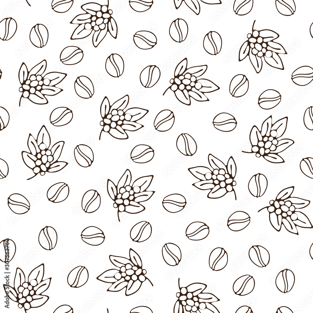 Seamless coffee background with branch of coffee and coffee beans. Hand drawn illustration in sketch style. Coffee seed, bean, composition of beans and coffee leaves, seeds on a branch in pattern with Seamless coffee background with branch of coffee and coffee beans. Hand drawn illustration in sketch style. Coffee seed, bean, composition of beans and coffee leaves, seeds on a branch in pattern with
