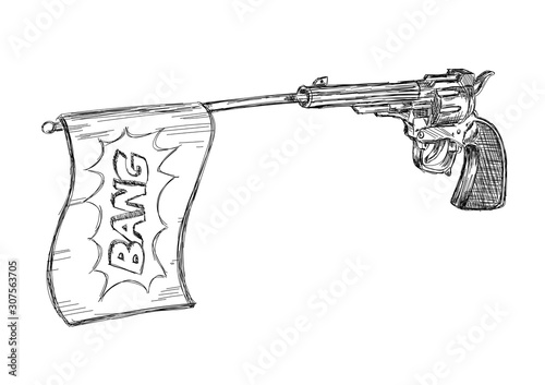 Vintage / Old Revolver Gun with Bang Flag Vector Illustration