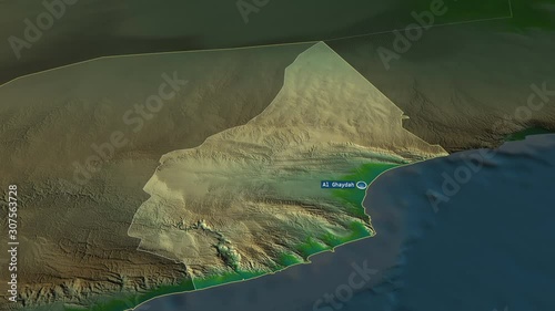 Al Mahrah - governorate of Yemen with its capital zoomed on the physical map of the globe. Animation 3D photo