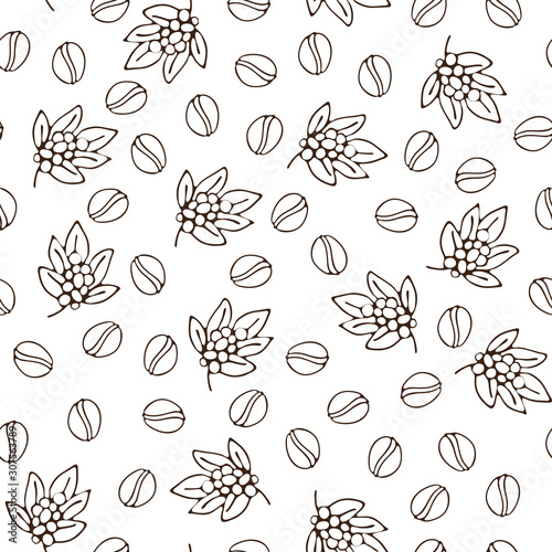Seamless coffee background with branch of coffee and coffee beans. Hand drawn illustration in sketch style. Coffee seed, bean, composition of beans and coffee leaves, seeds on a branch in pattern with