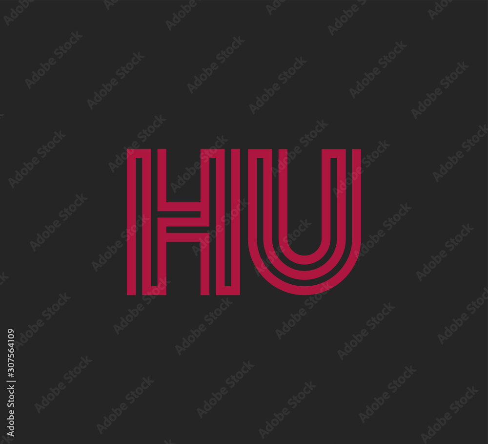 Initial two letter red line shape logo on black vector HU Initial two letter red line shape logo on black vector HU