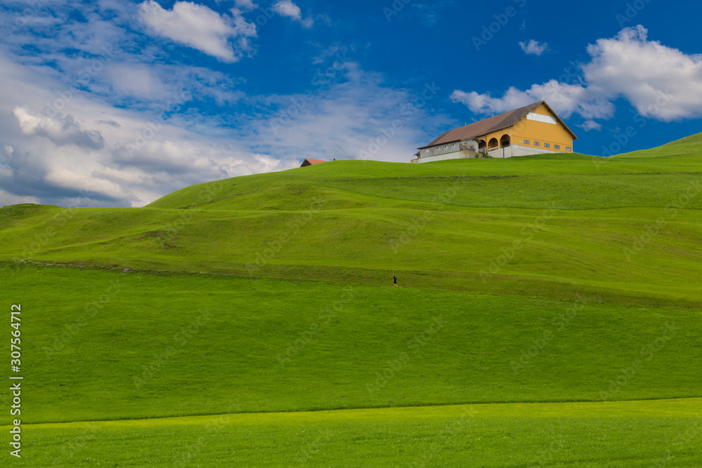 Green hills, piligrim way. Village Einsiedeln. Switzerland.