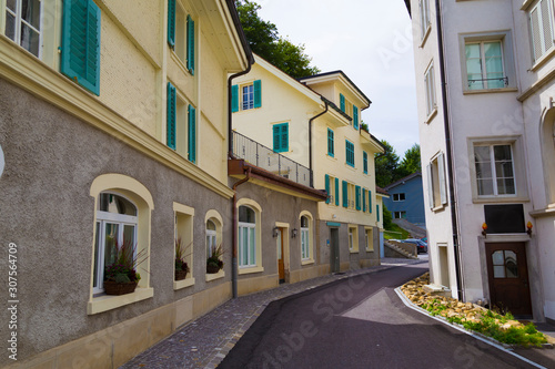 Street of Einsiedeln town. Canton of Schwyz, Switzerland.