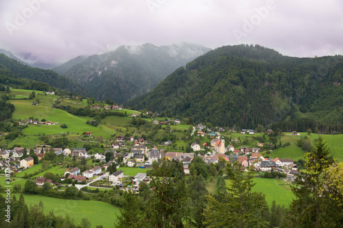 Mountain village, view from above. Sankt Gallen, Styria, Austria.