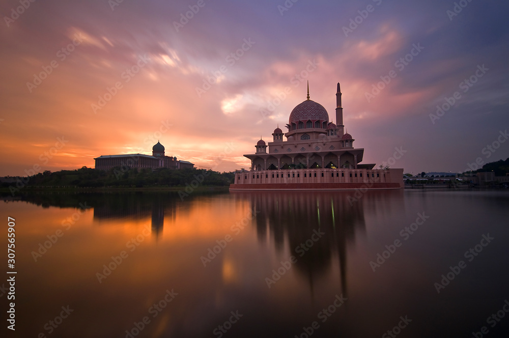 Beautiful view of Putra Mosque with reflections during sunset