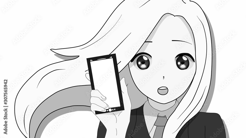 Anime Girl holding phone in hand Teenage in a High School Uniform with  Beautiful Eye Its a Black and White Manga Girl Stock Illustration  Adobe  Stock