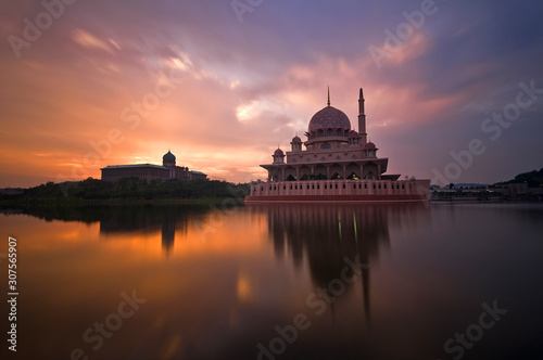 Beautiful view of Putra Mosque with reflections during sunset