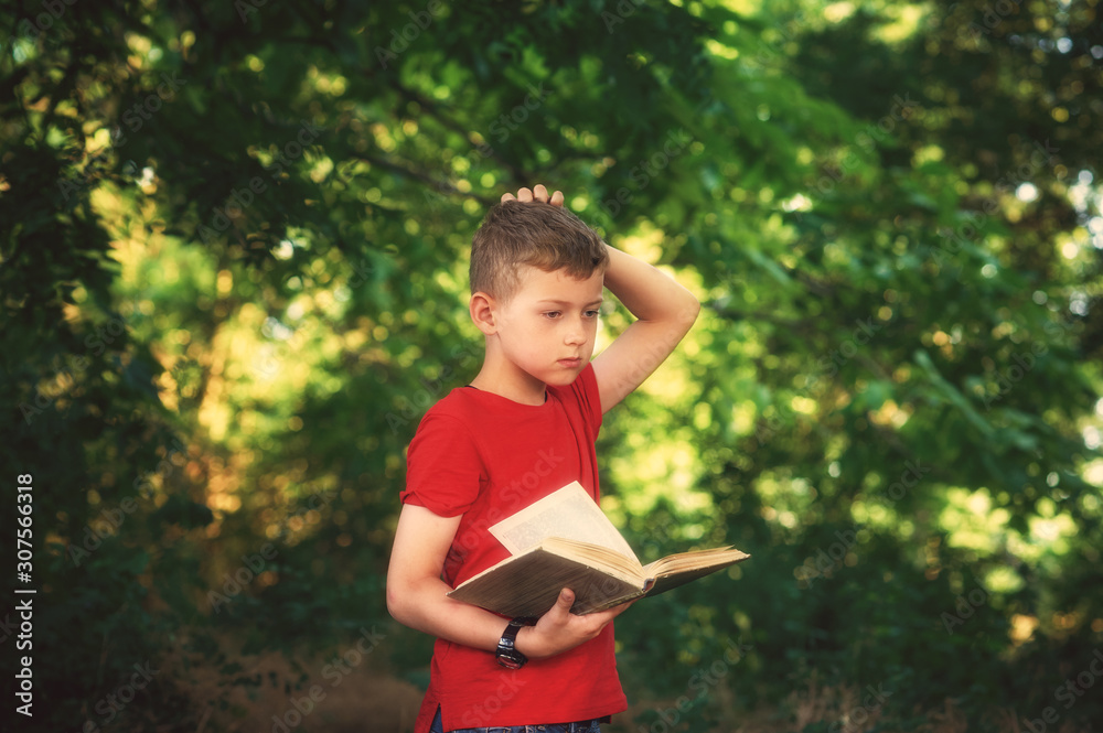 Portrait of a thoughtful boy with a book in his hands in the Park Portrait of a thoughtful boy with a book in his hands in the Park