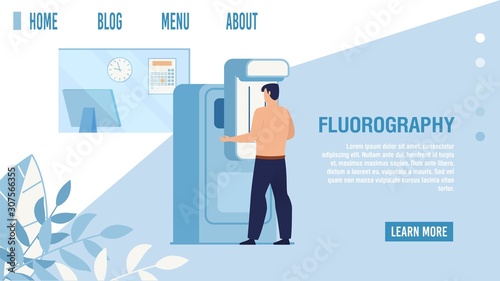 Landing Page Offering Fluorography Medical Service. Clinical Hardware Examination. Patient Breast Diagnosis Advertisement. Healthcare Telemedicine. Vector Cartoon Patient Scanning Lunges Illustration