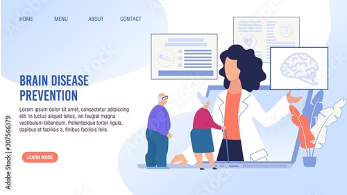 Brain Disease Prevention, Early Determination, Treatment. Cartoon Old Senior Man and Aged Woman Pensioner Having Online Doctor Consolation. Flat Landing Page Layout Design. Vector Illustration