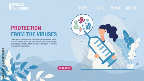 Protection from Virus, Infection and Bacteria by Vaccine Trendy Flat Landing Page. Cartoon Woman Doctor Character in Uniform with Syringe Poisoning Microbes. Medical Insurance. Vector Illustration
