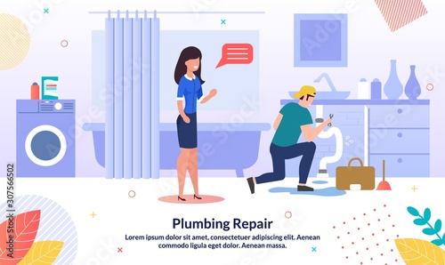 House Plumbing Company, Professional Repairmen Service Trendy Vector Advertising Banner, Promo Poster Template. Woman Waiting for Sink Pipe Leakage Repair, Plumber Working in Bathroom Illustration
