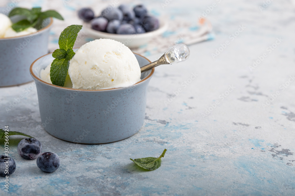 Homemade vanilla ice cream with fresh mint. Sweet berry summer dessert. Concrete background copy space Homemade vanilla ice cream with fresh mint. Sweet berry summer dessert. Concrete background copy space