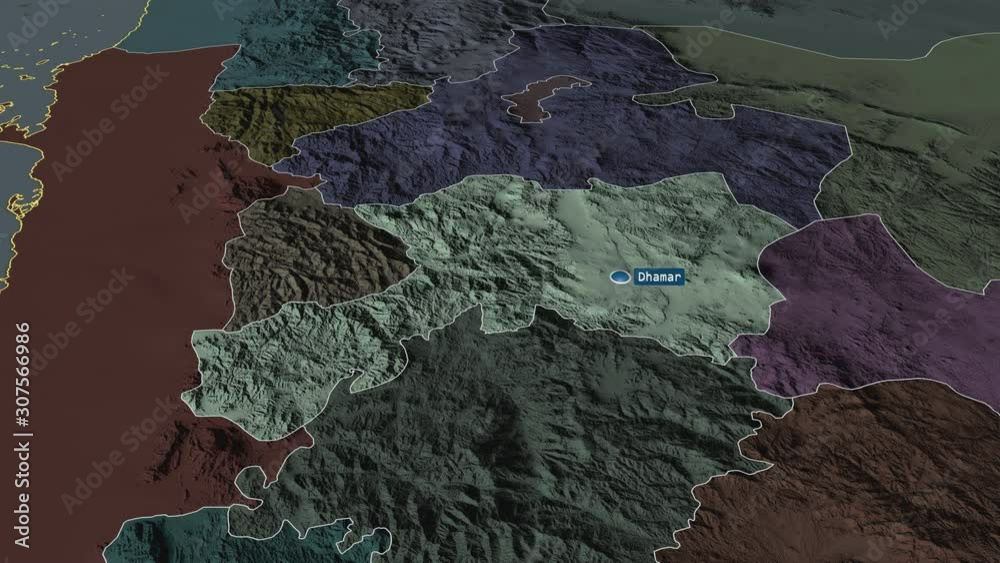 Dhamar - governorate of Yemen with its capital zoomed on the administrative map of the globe. Animation 3D Dhamar - governorate of Yemen with its capital zoomed on the administrative map of the globe. Animation 3D