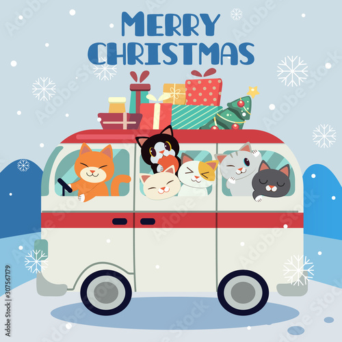 The character of cute cat and friends or family on a trip to christmas party. The christmas party time.On the car hsve a gift box and christmas tree. The character of cute cat in flat vector style.